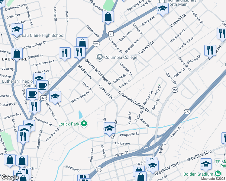 map of restaurants, bars, coffee shops, grocery stores, and more near 1521 Columbia College Drive in Columbia