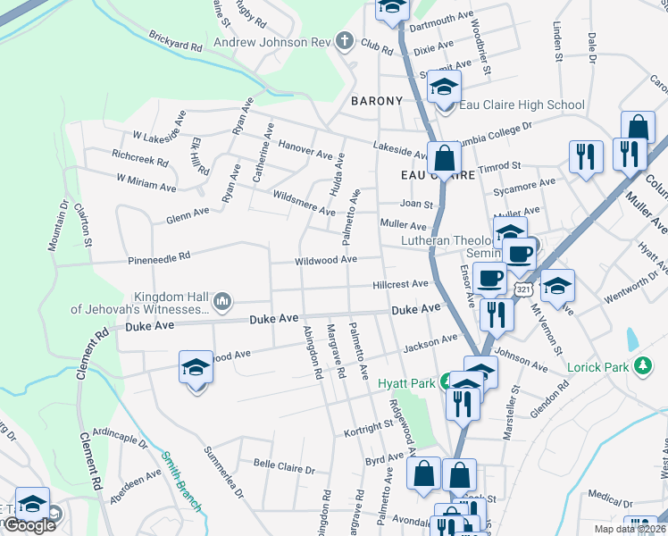 map of restaurants, bars, coffee shops, grocery stores, and more near 433 Wildwood Avenue in Columbia