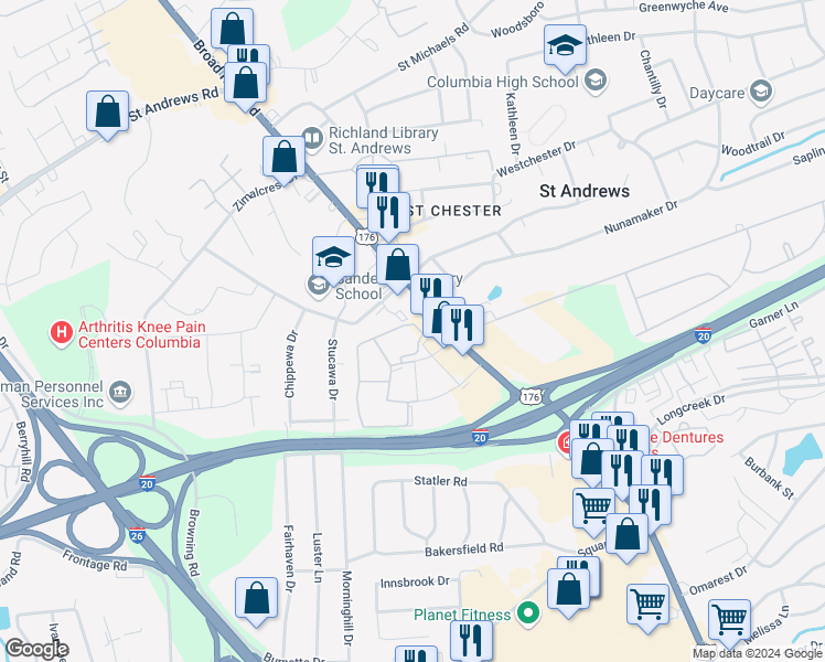 map of restaurants, bars, coffee shops, grocery stores, and more near 2605 Seminole Road in Columbia