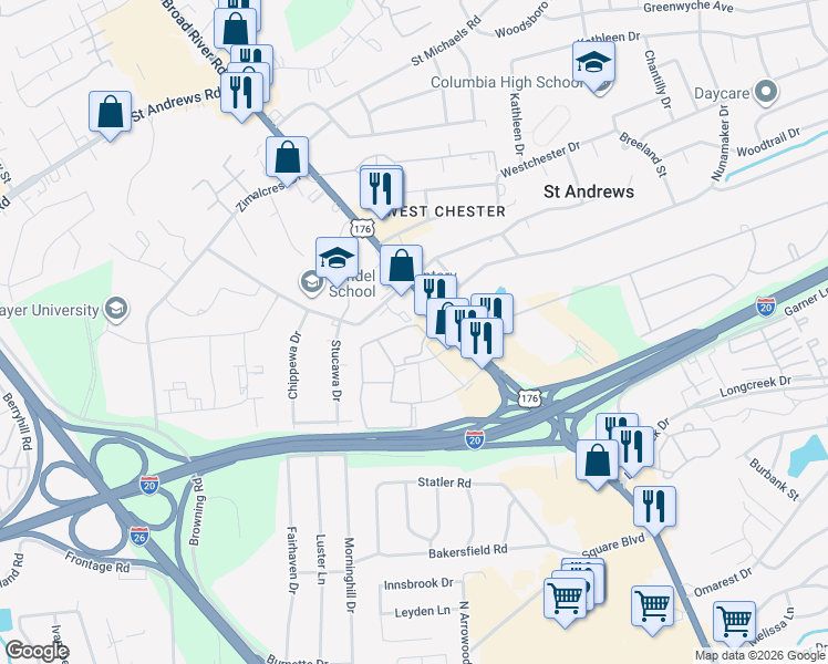 map of restaurants, bars, coffee shops, grocery stores, and more near 2605 Seminole Road in Columbia