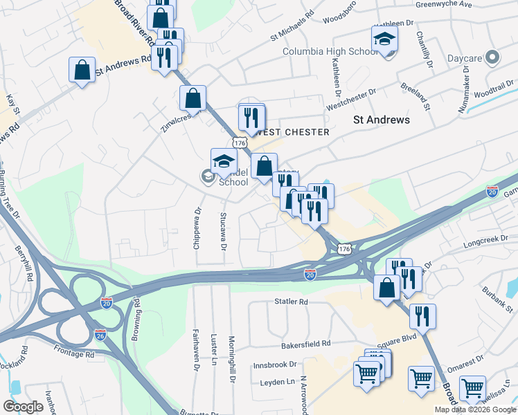 map of restaurants, bars, coffee shops, grocery stores, and more near 2605 Seminole Road in Columbia