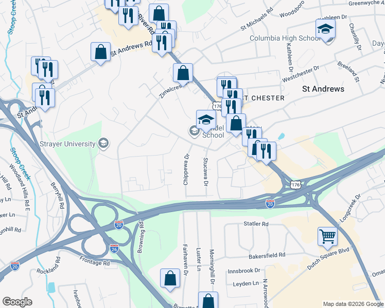 map of restaurants, bars, coffee shops, grocery stores, and more near 203 Chippewa Drive in Columbia