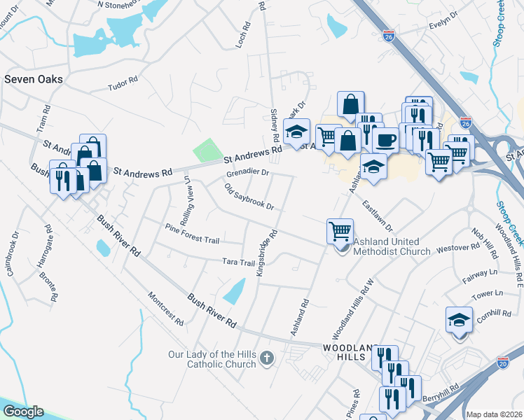map of restaurants, bars, coffee shops, grocery stores, and more near 517 Old Saybrook Drive in Columbia