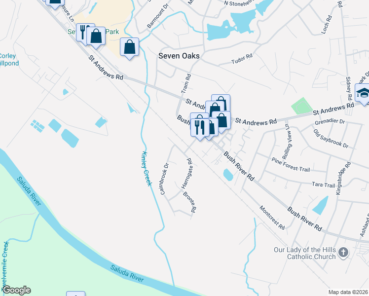 map of restaurants, bars, coffee shops, grocery stores, and more near 3715 Seawright Road in Columbia