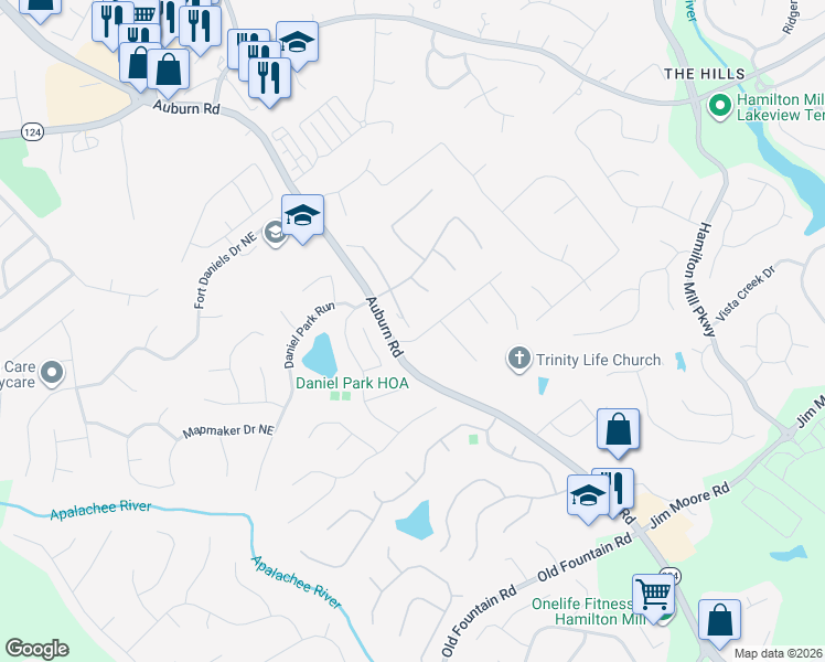 map of restaurants, bars, coffee shops, grocery stores, and more near 2920 McCannon Mill Drive in Dacula