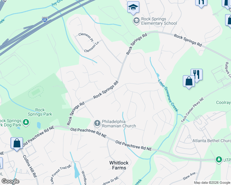 map of restaurants, bars, coffee shops, grocery stores, and more near 710 Springrock Drive in Lawrenceville