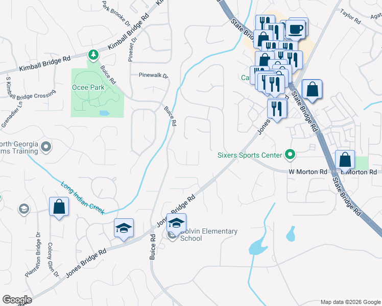 map of restaurants, bars, coffee shops, grocery stores, and more near 4505 Pinehollow Court in Alpharetta