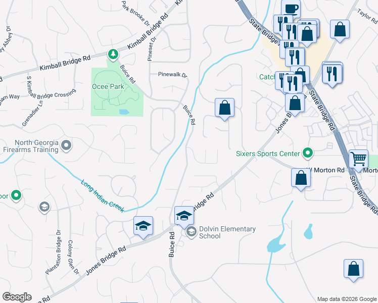 map of restaurants, bars, coffee shops, grocery stores, and more near 10750 Buice Road in Alpharetta