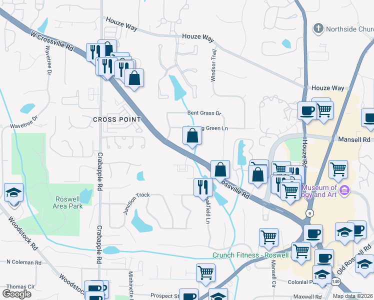 map of restaurants, bars, coffee shops, grocery stores, and more near 250 East Crossville Road in Roswell
