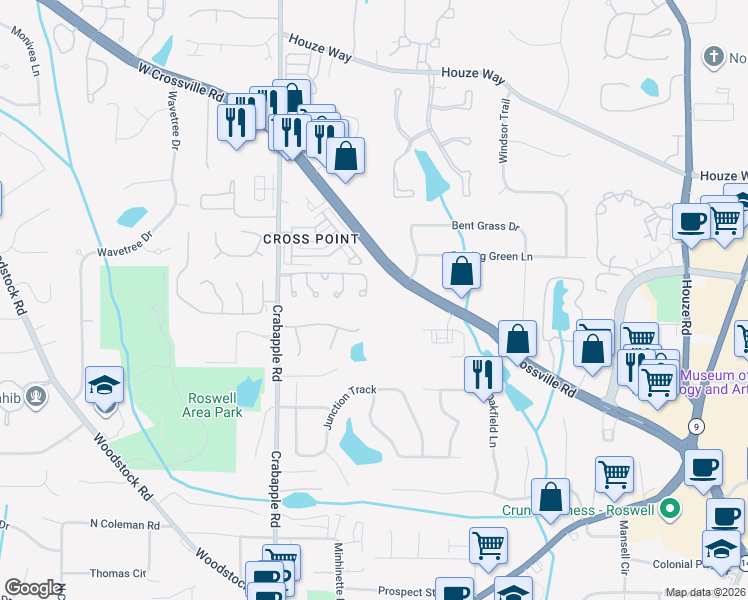 map of restaurants, bars, coffee shops, grocery stores, and more near 725 Thornington Drive in Roswell