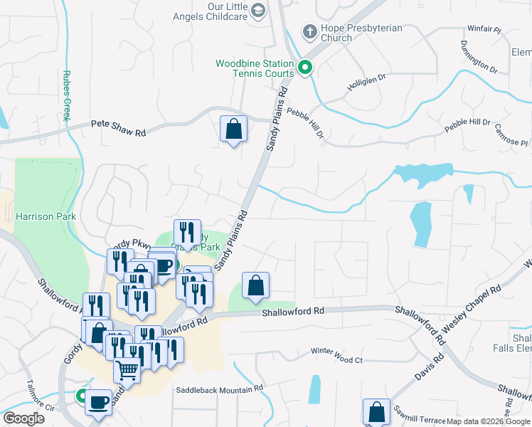 map of restaurants, bars, coffee shops, grocery stores, and more near 3238 Mountain Hollow Drive in Marietta