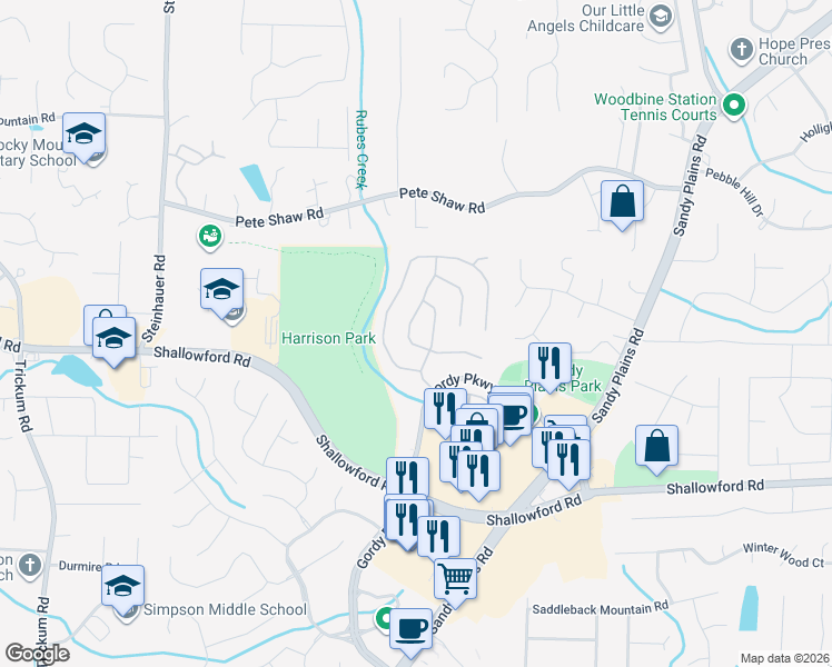 map of restaurants, bars, coffee shops, grocery stores, and more near 3928 Upland Way in Marietta