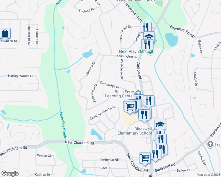 map of restaurants, bars, coffee shops, grocery stores, and more near 562 Cambridge Drive in Marietta