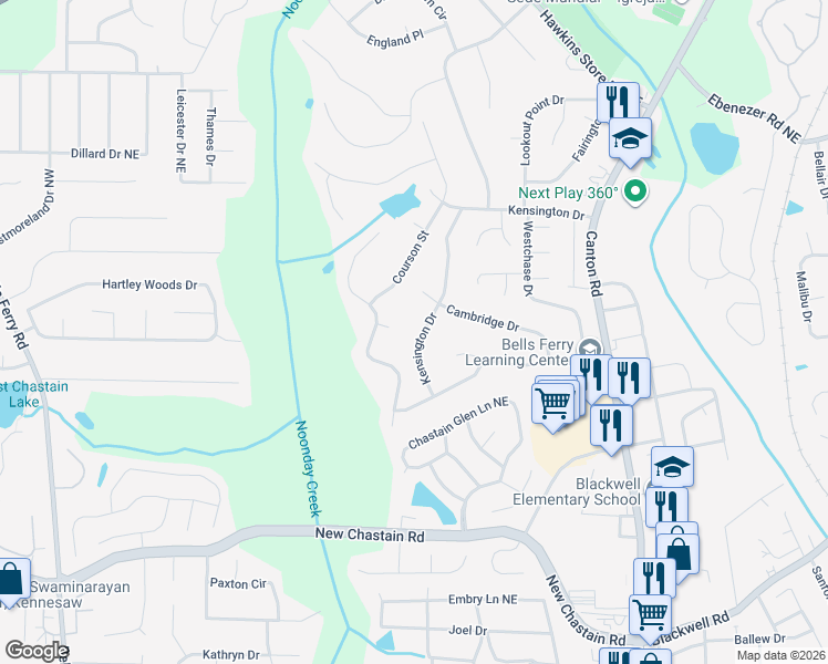map of restaurants, bars, coffee shops, grocery stores, and more near 499 Fouse Court in Marietta