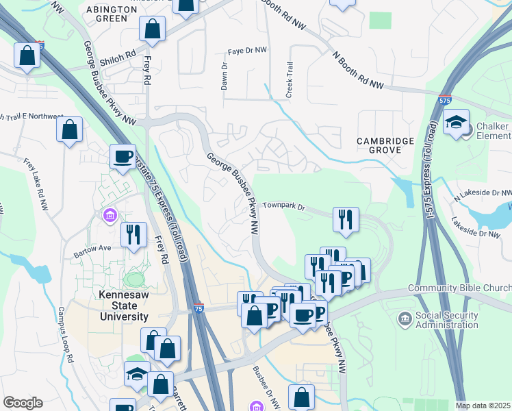 map of restaurants, bars, coffee shops, grocery stores, and more near 300 Townpark Drive in Kennesaw