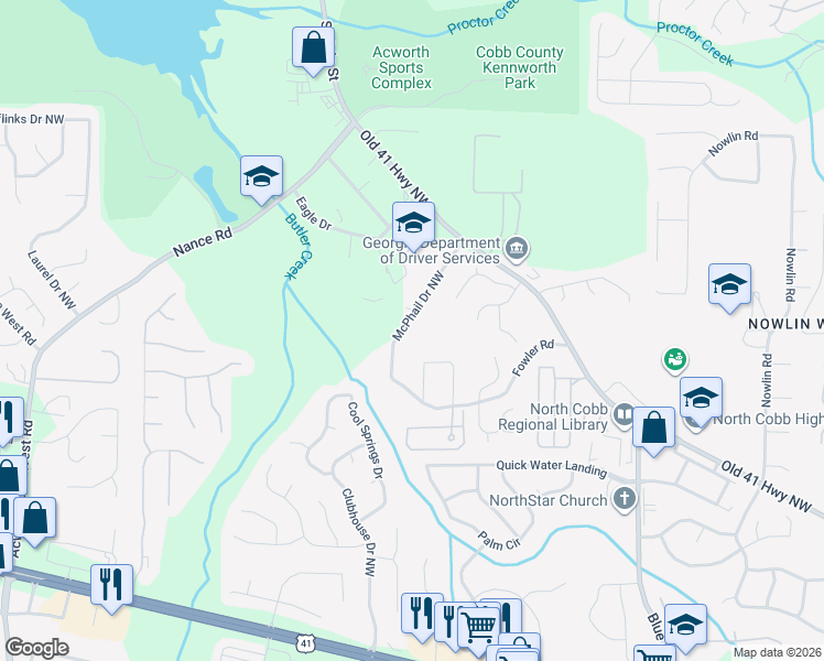 map of restaurants, bars, coffee shops, grocery stores, and more near 3612 McPhail Drive Northwest in Kennesaw