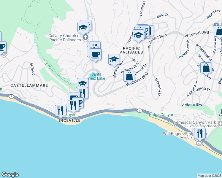 map of restaurants, bars, coffee shops, grocery stores, and more near in Los Angeles