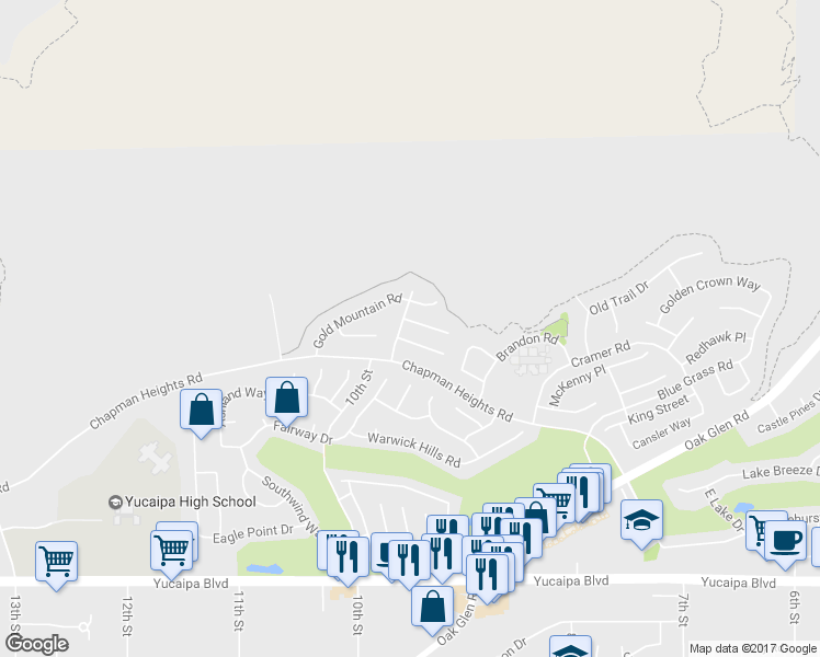 map of restaurants, bars, coffee shops, grocery stores, and more near 33411 Miners Drive in Yucaipa