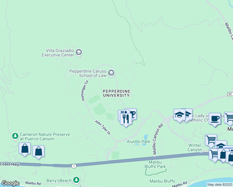 map of restaurants, bars, coffee shops, grocery stores, and more near in Malibu