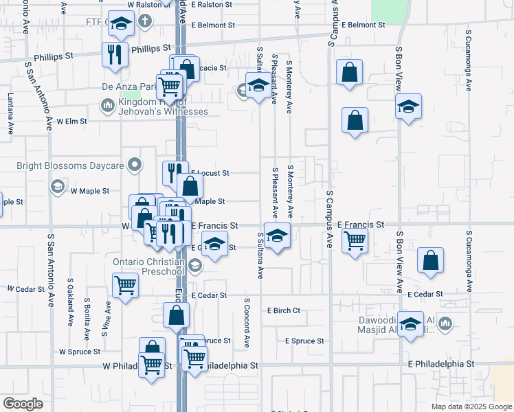 map of restaurants, bars, coffee shops, grocery stores, and more near 428 East Maple Street in Ontario