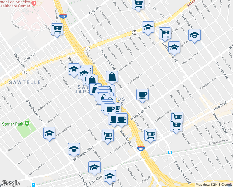 map of restaurants, bars, coffee shops, grocery stores, and more near 2000 Cotner Avenue in Los Angeles