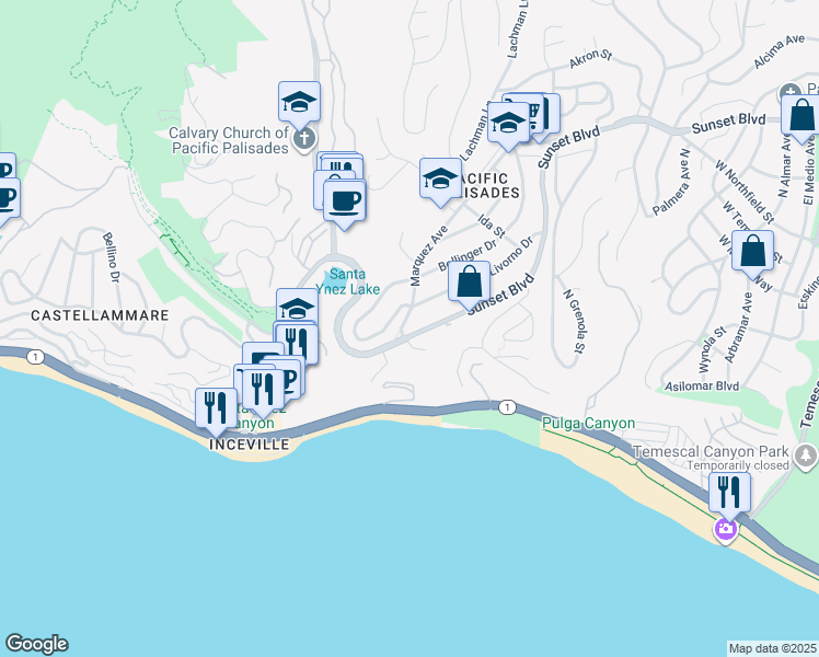 map of restaurants, bars, coffee shops, grocery stores, and more near 16988 Marquez Avenue in Los Angeles