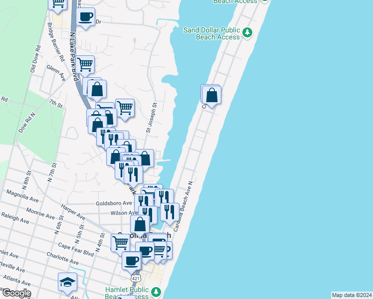 map of restaurants, bars, coffee shops, grocery stores, and more near 619 Canal Drive in Carolina Beach