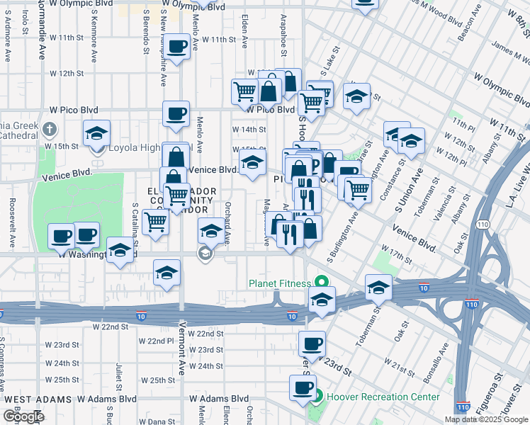 map of restaurants, bars, coffee shops, grocery stores, and more near 1719 Magnolia Avenue in Los Angeles