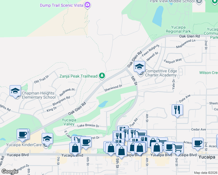 map of restaurants, bars, coffee shops, grocery stores, and more near 11644 Doral Court in Yucaipa