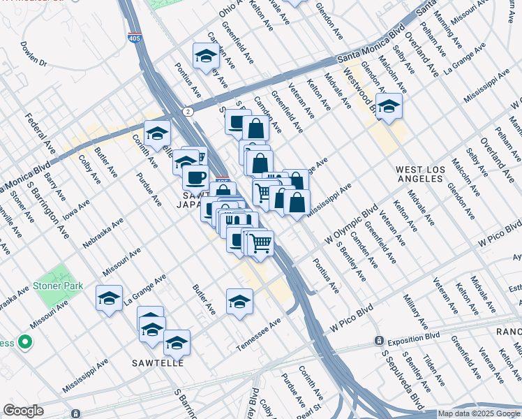 map of restaurants, bars, coffee shops, grocery stores, and more near 1954 Cotner Avenue in Los Angeles