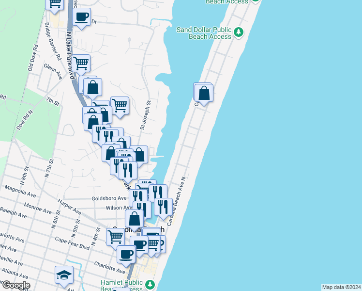 map of restaurants, bars, coffee shops, grocery stores, and more near 619 Canal Drive in Carolina Beach