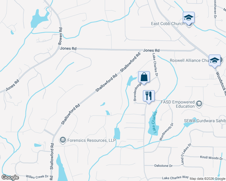 map of restaurants, bars, coffee shops, grocery stores, and more near 10785 Shallowford Road in Roswell