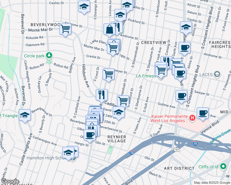 map of restaurants, bars, coffee shops, grocery stores, and more near 1974 Preuss Road in Los Angeles