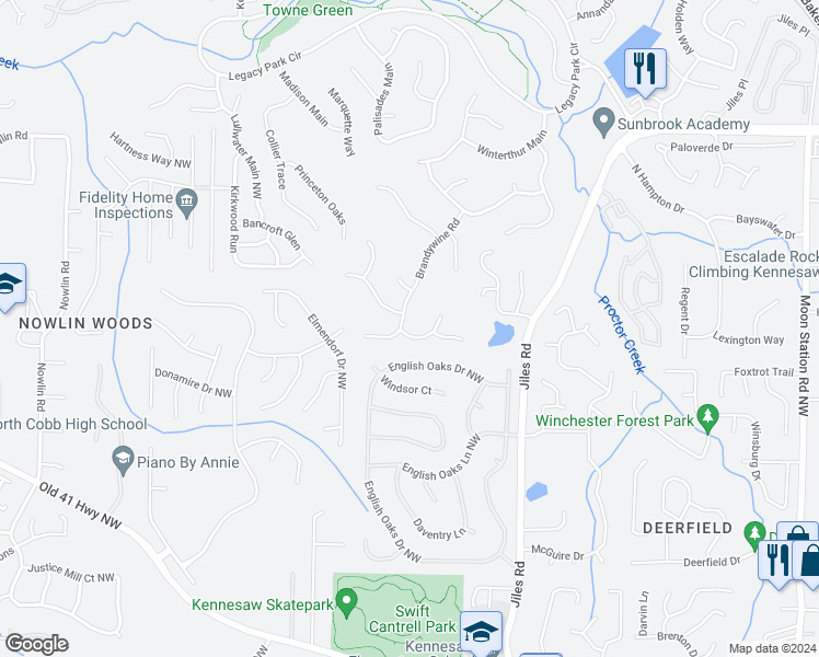 map of restaurants, bars, coffee shops, grocery stores, and more near 3510 Brandywine Road in Kennesaw