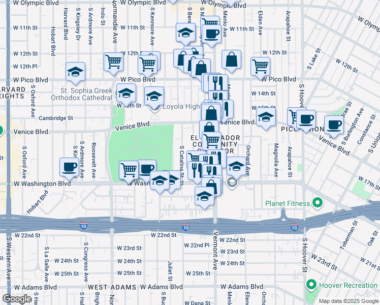 map of restaurants, bars, coffee shops, grocery stores, and more near 1712 South Berendo Street in Los Angeles