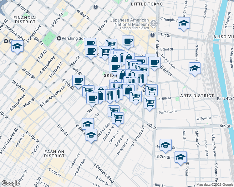 map of restaurants, bars, coffee shops, grocery stores, and more near 550 South Crocker Street in Los Angeles