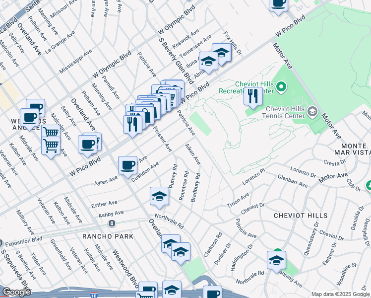 map of restaurants, bars, coffee shops, grocery stores, and more near 2508 Aiken Avenue in Los Angeles