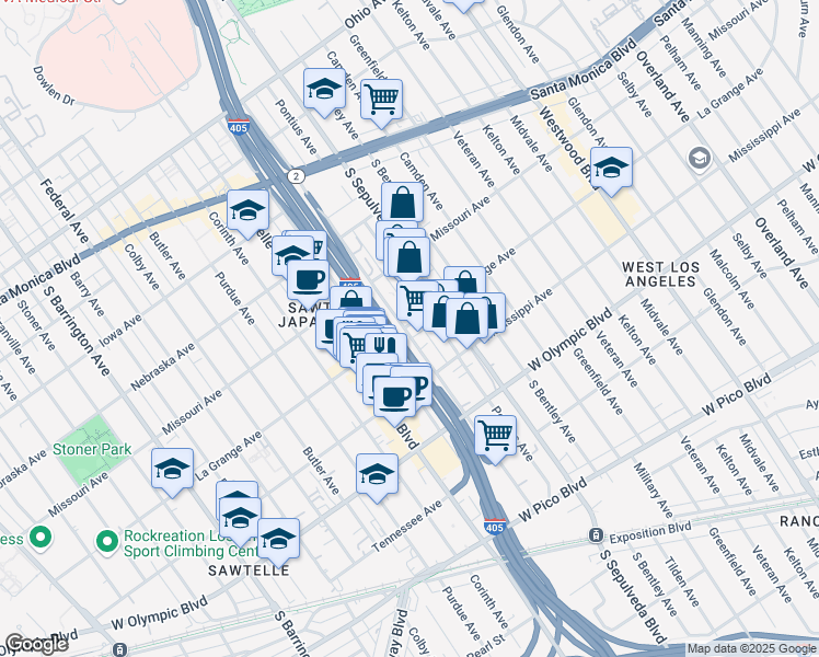map of restaurants, bars, coffee shops, grocery stores, and more near 1954 Cotner Avenue in Los Angeles