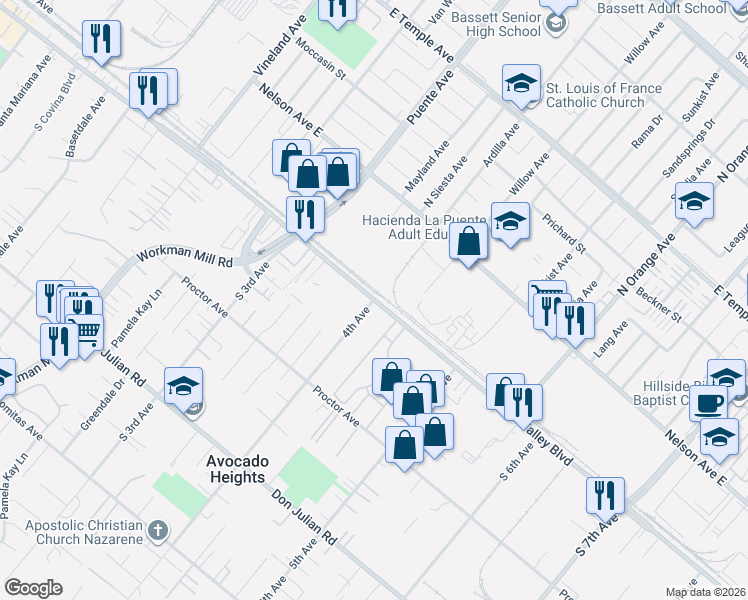 map of restaurants, bars, coffee shops, grocery stores, and more near 2 4th Avenue in Avocado Heights