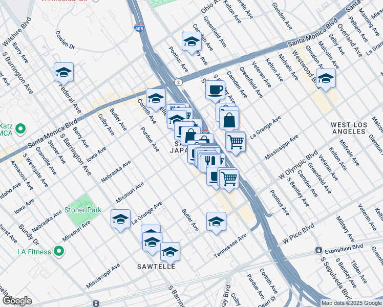 map of restaurants, bars, coffee shops, grocery stores, and more near 1905 Sawtelle Boulevard in Los Angeles