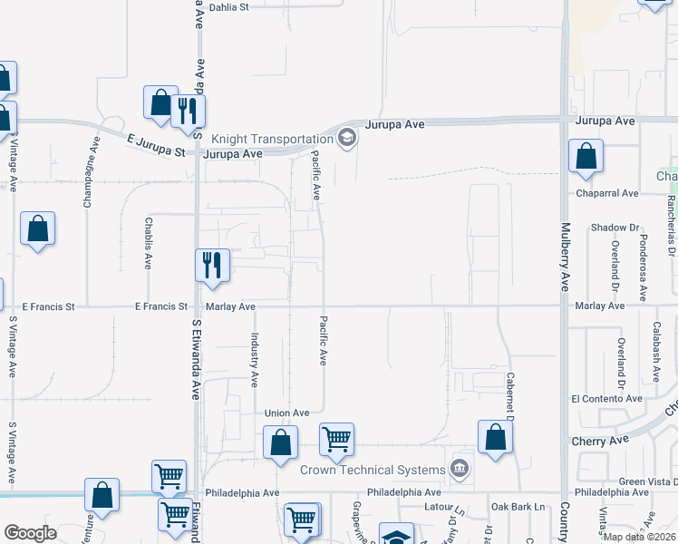 map of restaurants, bars, coffee shops, grocery stores, and more near 13100 Marlay Avenue in Fontana