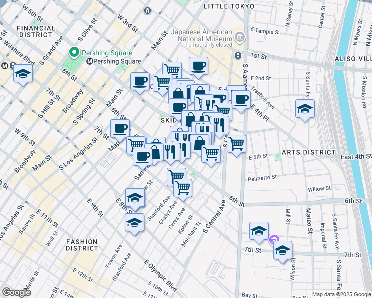 map of restaurants, bars, coffee shops, grocery stores, and more near 532 Crocker Street in Los Angeles
