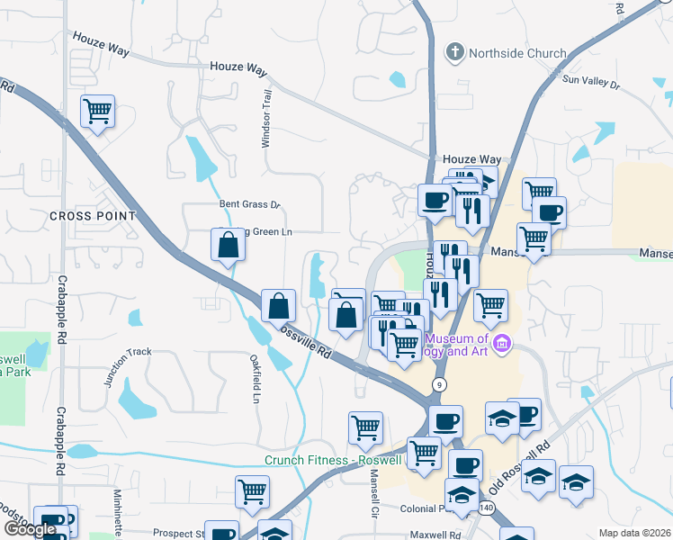 map of restaurants, bars, coffee shops, grocery stores, and more near 2000 Applewood Drive in Roswell