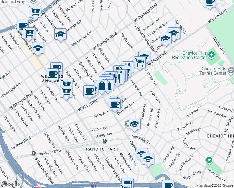 map of restaurants, bars, coffee shops, grocery stores, and more near 10650 West Pico Boulevard in Los Angeles