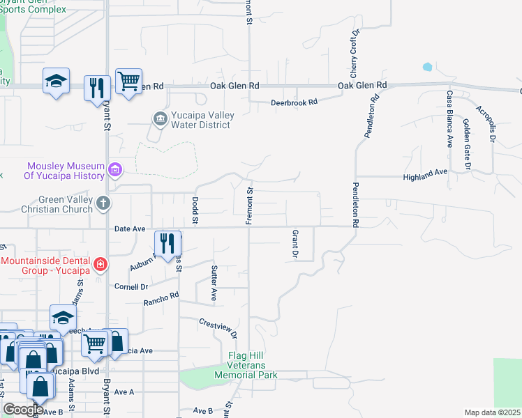 map of restaurants, bars, coffee shops, grocery stores, and more near 35718 Avocado Street in Yucaipa