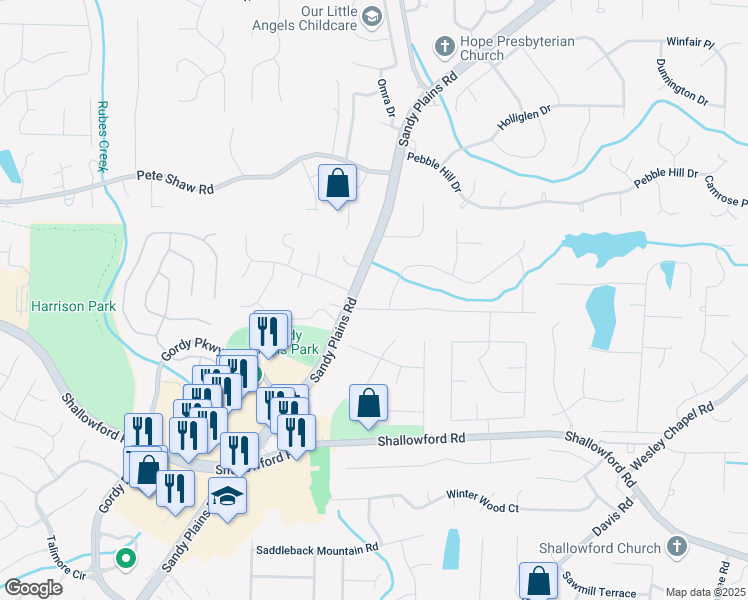 map of restaurants, bars, coffee shops, grocery stores, and more near 3800 Sandy Plains Road in Marietta