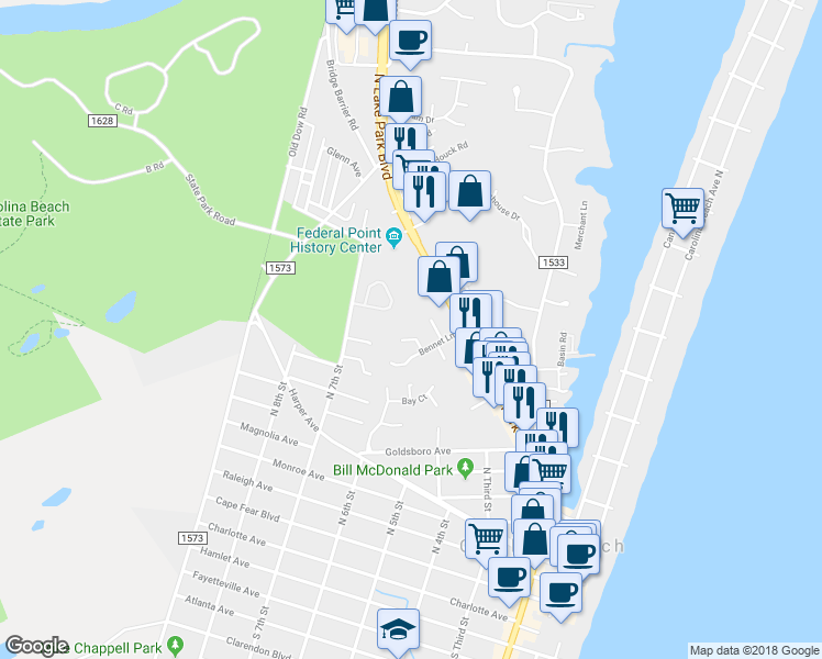 map of restaurants, bars, coffee shops, grocery stores, and more near 112 Island Mimosa Drive in Carolina Beach