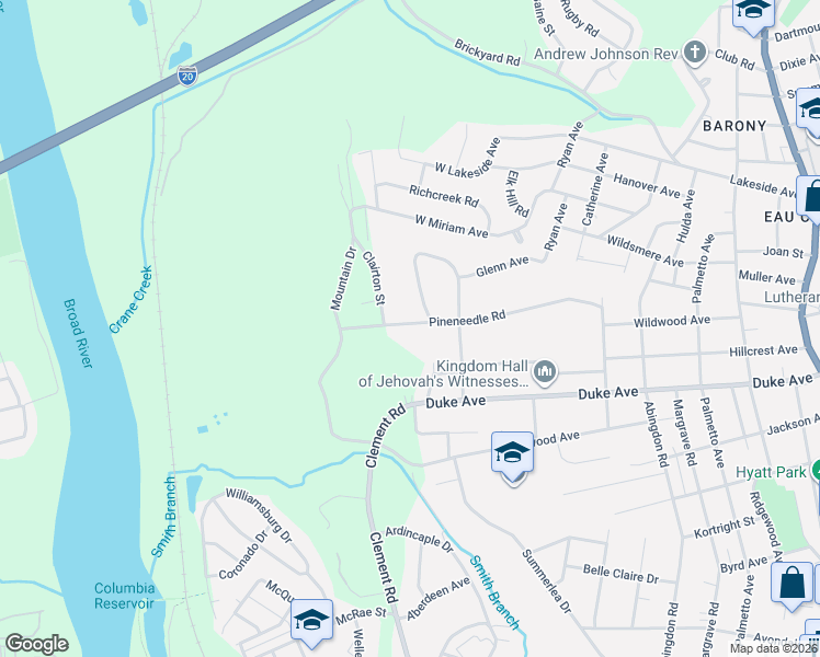 map of restaurants, bars, coffee shops, grocery stores, and more near 239 Pineneedle Road in Columbia