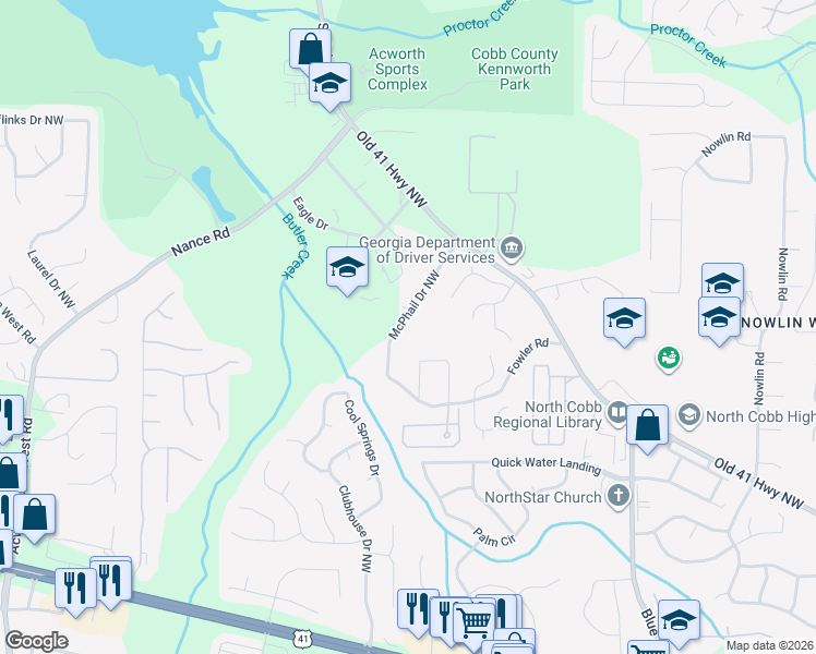 map of restaurants, bars, coffee shops, grocery stores, and more near 3612 McPhail Drive Northwest in Kennesaw