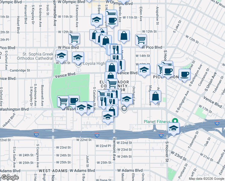 map of restaurants, bars, coffee shops, grocery stores, and more near 1708 Vermont Avenue in Los Angeles